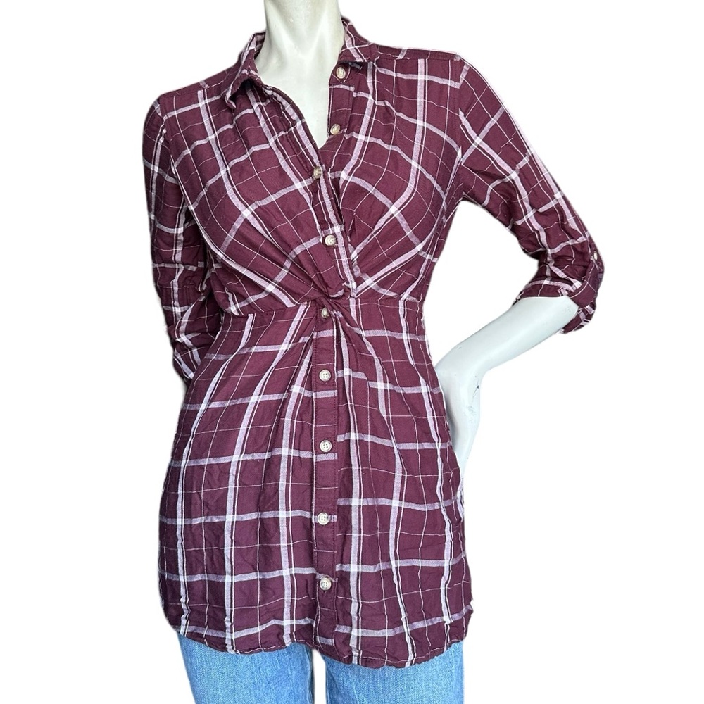 Abercrombie & Fitch Maroon & White Plaid Twist Front Tunic Blouse Size XSP